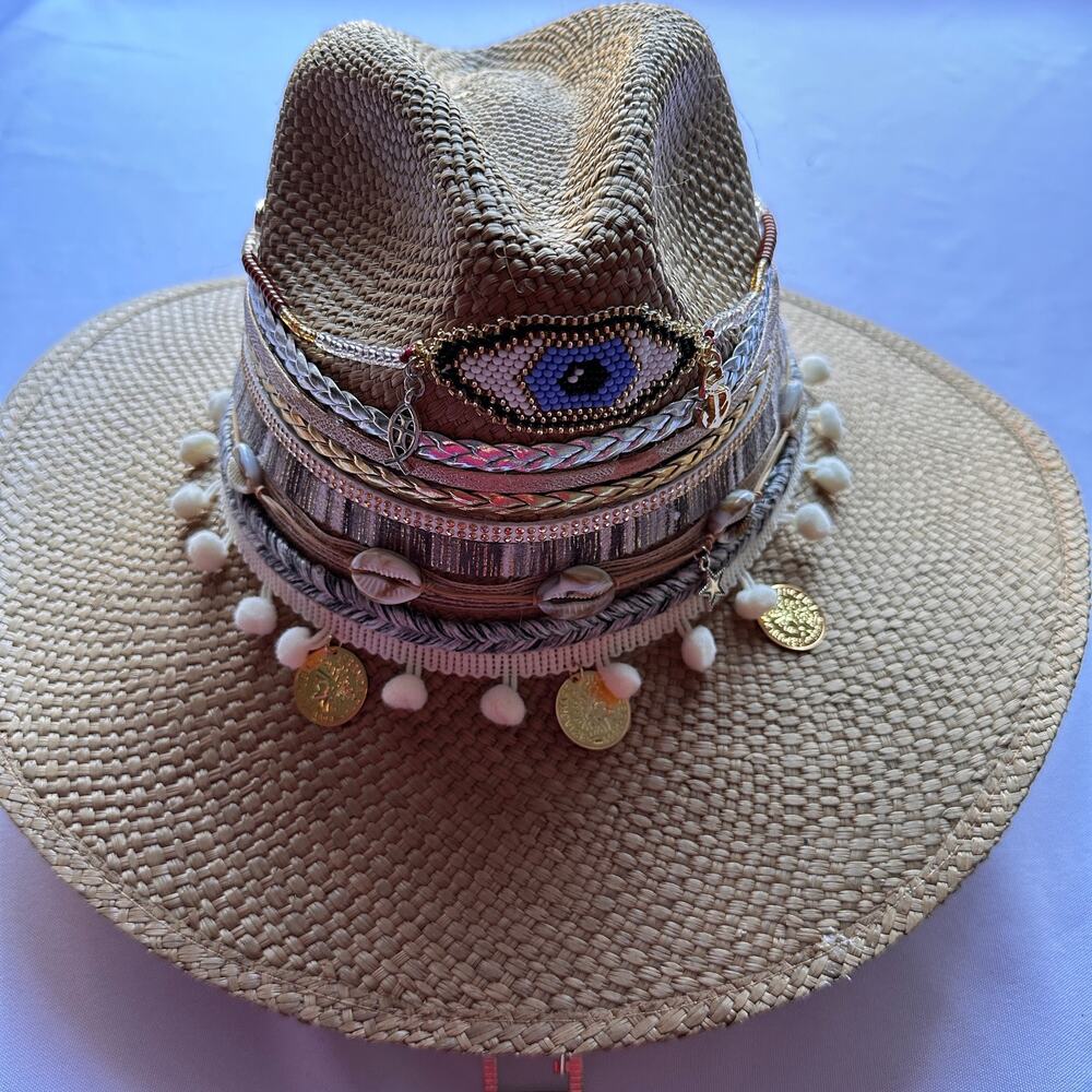 Handmade Jeweled Colombian Hat Evil Eye NEW SMALL Silver Neutral Beach Seashell - Picture 2 of 8